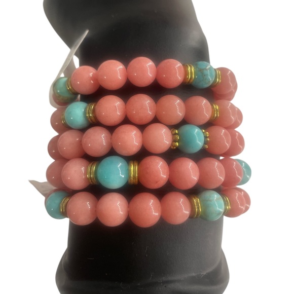 Rose Quartz gemstone bracelet set with Turquoise colored agate, Stretch - Picture 7 of 8